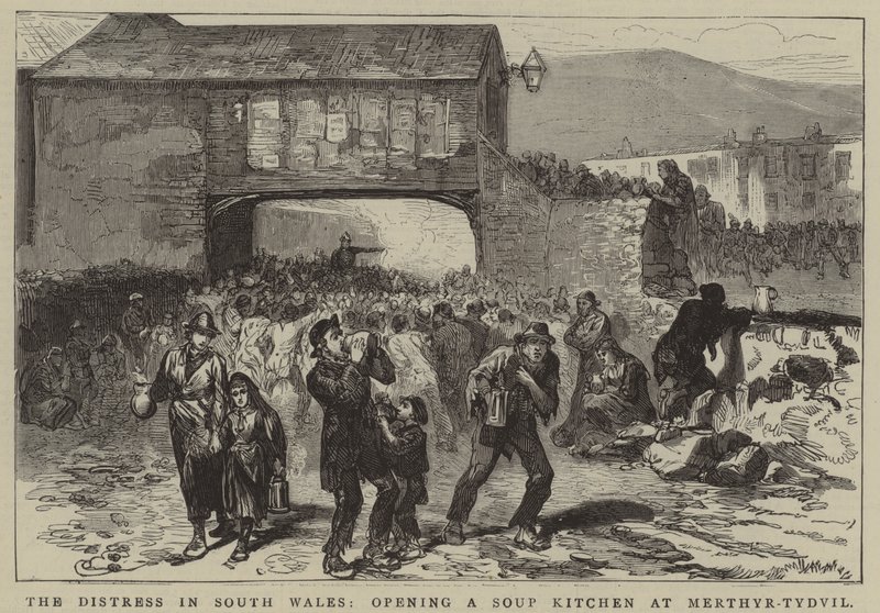 Die Notlage in Südwales, Eröffnung einer Suppenküche in Merthyr-Tydvil von English School