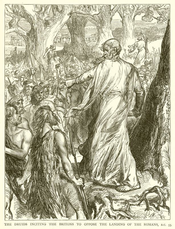 Die Druiden ermutigen die Briten, die Landung der Römer zu verhindern, 55 v. Chr. von English School