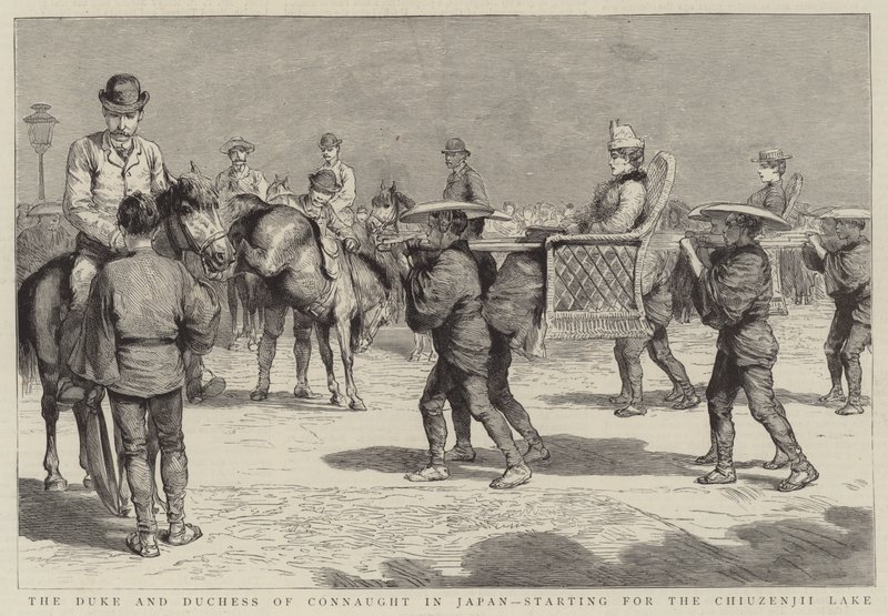 Der Herzog und die Herzogin von Connaught in Japan, Abfahrt zum Chiuzenjii-See (Gravur) von English School