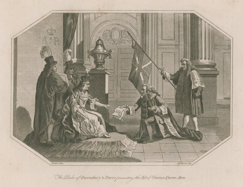 Der Herzog von Queensbury und Dover überreicht Königin Anne das Unionsgesetz von English School