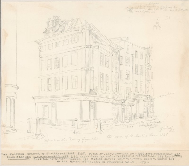 Die östliche Ecke der St. Martins Lane, London, 1825 von English School