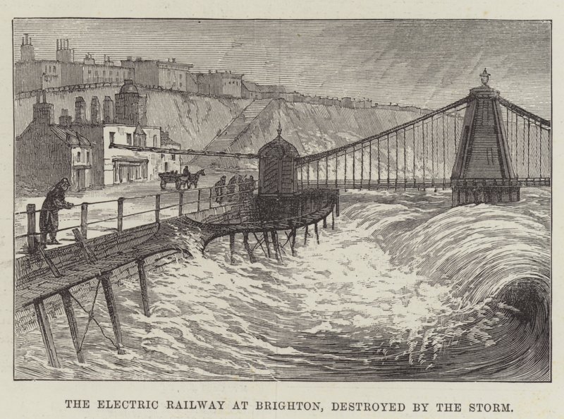 Die elektrische Eisenbahn in Brighton, zerstört durch den Sturm (Stich) von English School