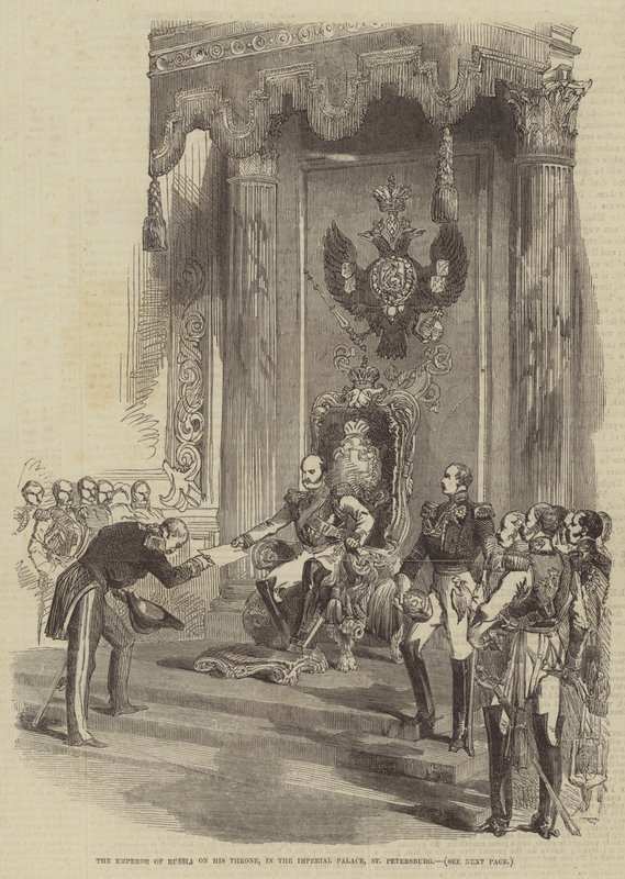Der Kaiser von Russland auf seinem Thron im Kaiserpalast, St. Petersburg von English School