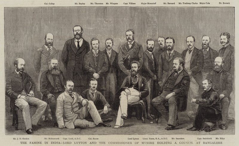 Die Hungersnot in Indien, Lord Lytton und der Kommissar von Mysore halten einen Rat in Bangalore von English School