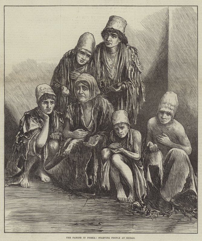 Die Hungersnot in Persien, hungernde Menschen in Shiraz (Gravur) von English School