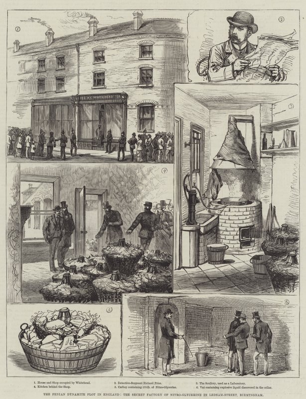 Der Fenian-Dynamit-Plot in England, die geheime Fabrik von Nitroglycerin in der Ledsam-Straße, Birmingham (Gravur) von English School
