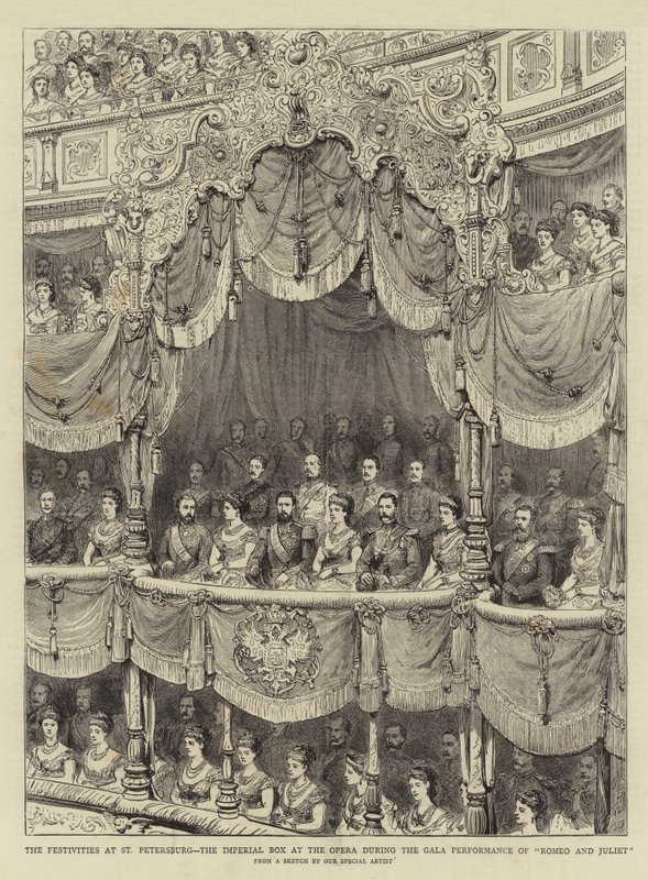 Die Festlichkeiten in St. Petersburg, die Kaiserliche Loge in der Oper während der Galaaufführung von "Romeo und Julia" (Stich) von English School