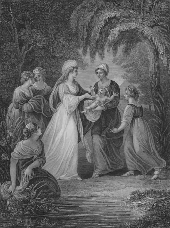 Das Auffinden von Moses, Exodus 2, Vers 5-11 (Gravur) von English School