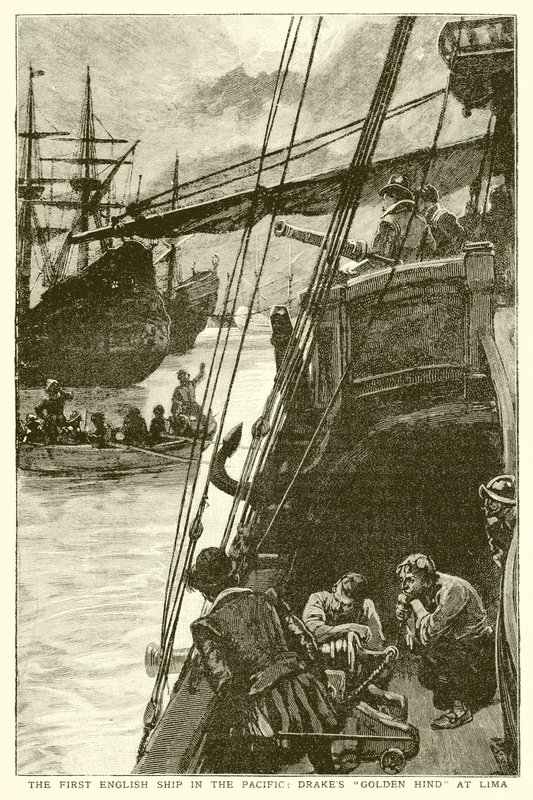Das erste englische Schiff im Pazifik: Drakes Golden Hind in Lima von English School