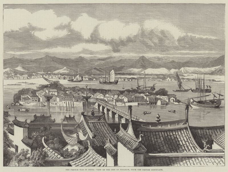 Der Französisch-Chinesische Krieg, Blick auf die Stadt Foochow vom Britischen Konsulat (Stich) von English School