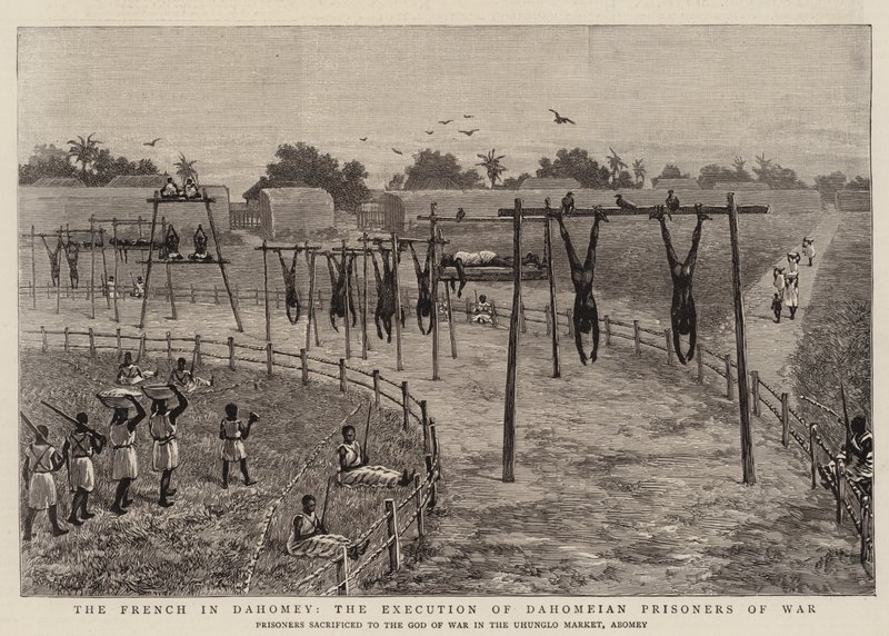 Die Franzosen in Dahomey, die Hinrichtung von dahomeischen Kriegsgefangenen (Gravur) von English School
