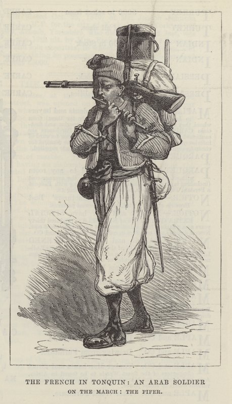 Die Franzosen in Tonkin, ein arabischer Soldat auf dem Marsch, der Pfeifer (Gravur) von English School