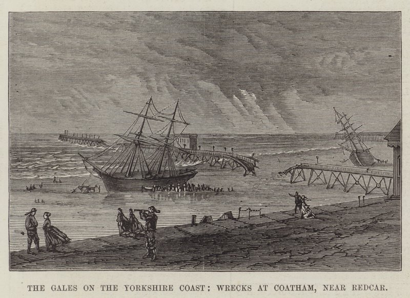 Die Stürme an der Küste von Yorkshire, Wracks bei Coatham, nahe Redcar (Stich) von English School