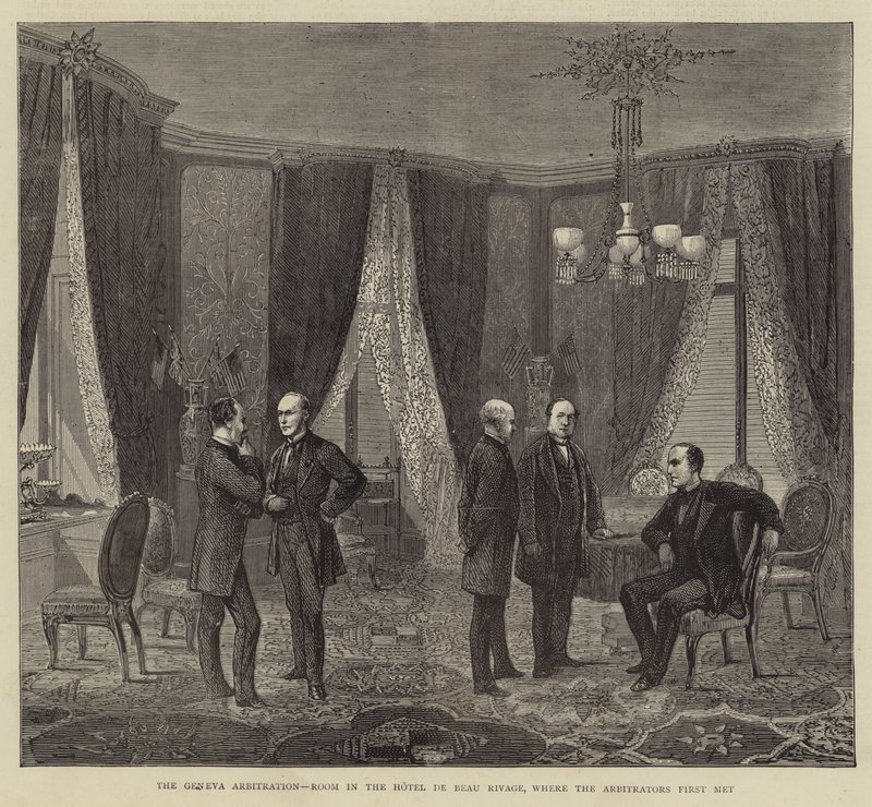 Die Genfer Schiedsgerichtsbarkeit, Raum im Hotel de Beau Rivage, wo die Schiedsrichter sich erstmals trafen (Stich) von English School