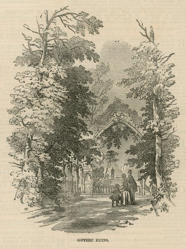 Die gotischen Ruinen in den Vauxhall Gardens von English School