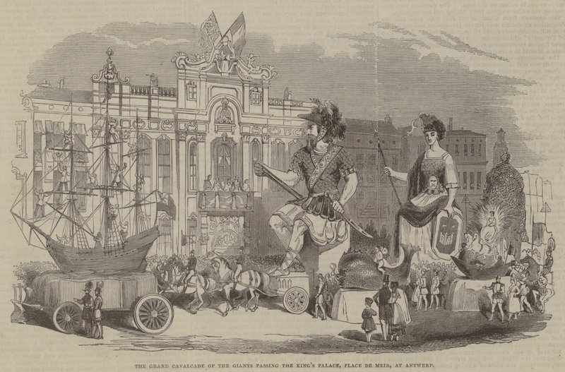 Die große Kavalkade der Riesen passiert den Königspalast, Place de Meir, in Antwerpen von English School