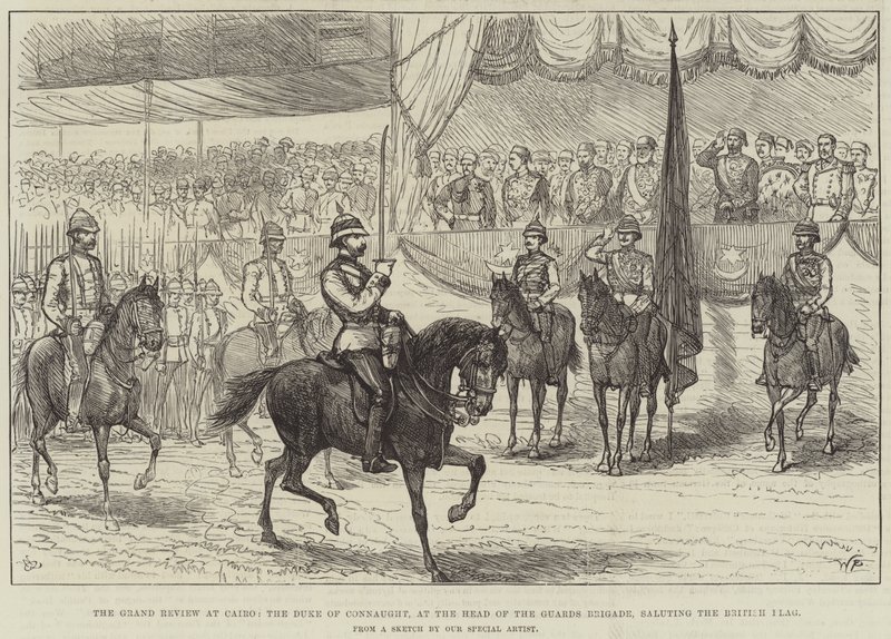 Die große Parade in Kairo, der Herzog von Connaught an der Spitze der Gardebrigade, salutiert die britische Flagge (Stich) von English School