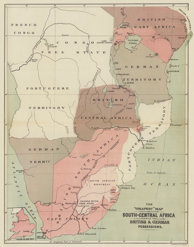 Die Grafik-Karte von Süd-Zentralafrika, die die britischen und deutschen Besitzungen zeigt (Farblithografie) von English School