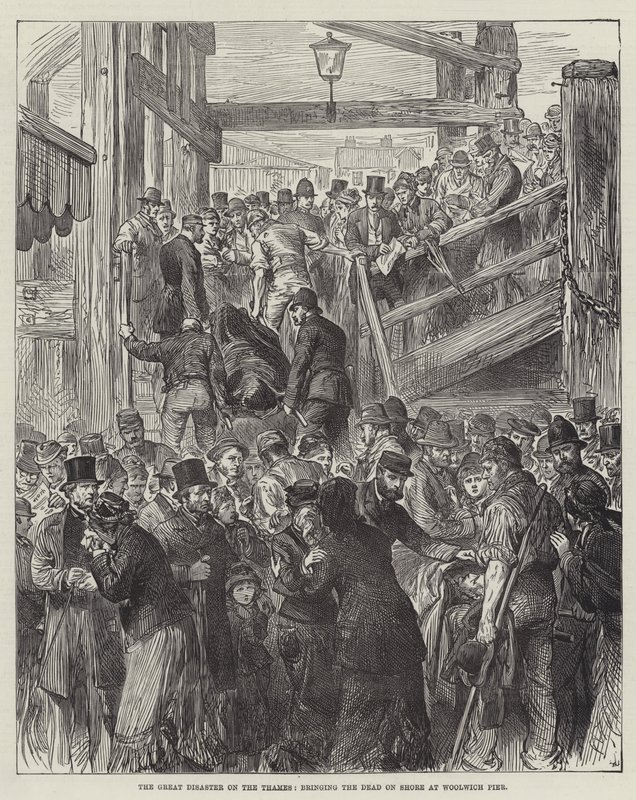 Die große Katastrophe auf der Themse, die Toten werden am Woolwich Pier an Land gebracht (Gravur) von English School