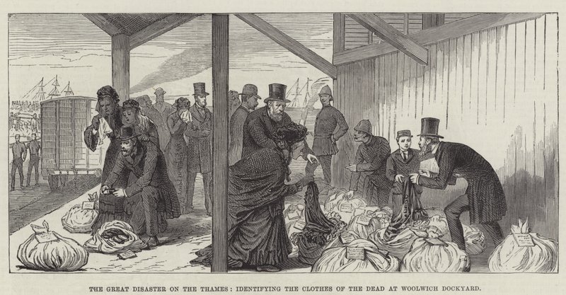 Die große Katastrophe auf der Themse, Identifizierung der Kleidung der Toten im Woolwich Dockyard (Gravur) von English School