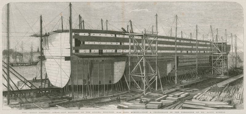 Das Dampfschiff Great Eastern; Bau auf den Stocks, Millwall von English School