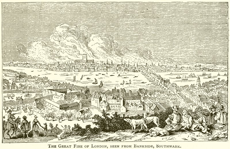 Der Große Brand von London, gesehen von Bankside, Southwark von English School