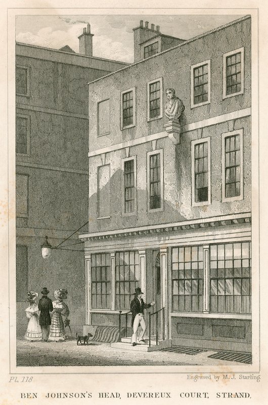 Das Grecian Coffee House, Devereux Court, Strand, mit einer Büste von Ben Johnson von English School