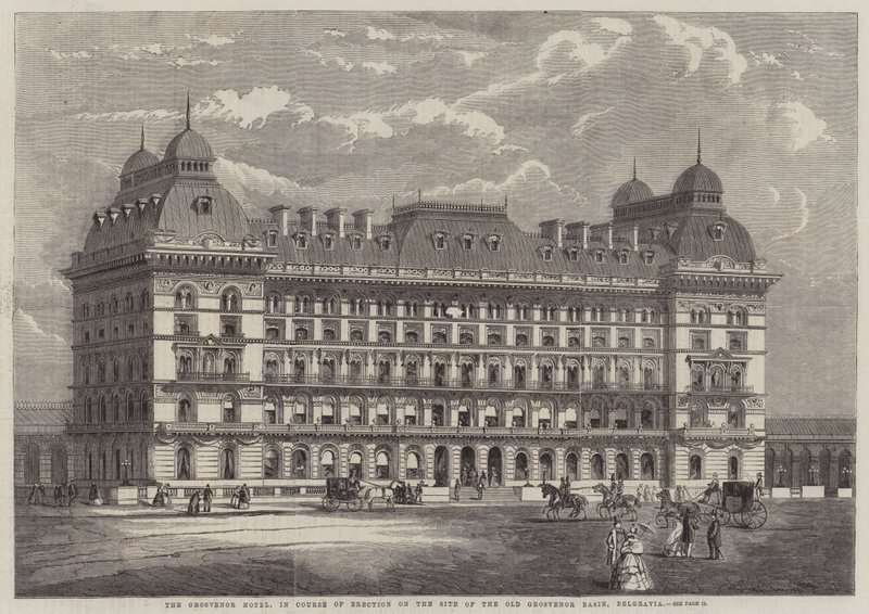 Das Grosvenor Hotel, im Bau auf dem Gelände des alten Grosvenor Basin, Belgravia (Stich) von English School