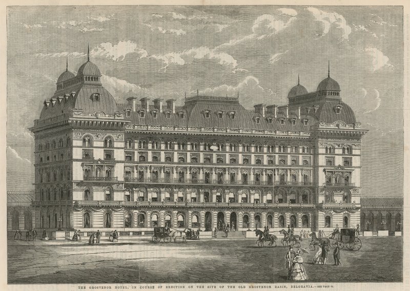 Das Grosvenor Hotel, im Bau auf dem Gelände des alten Grosvenor Basin, Belgravia von English School