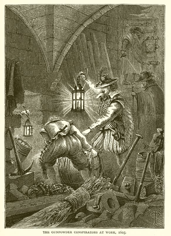 Die Pulververschwörer bei der Arbeit, 1605 von English School