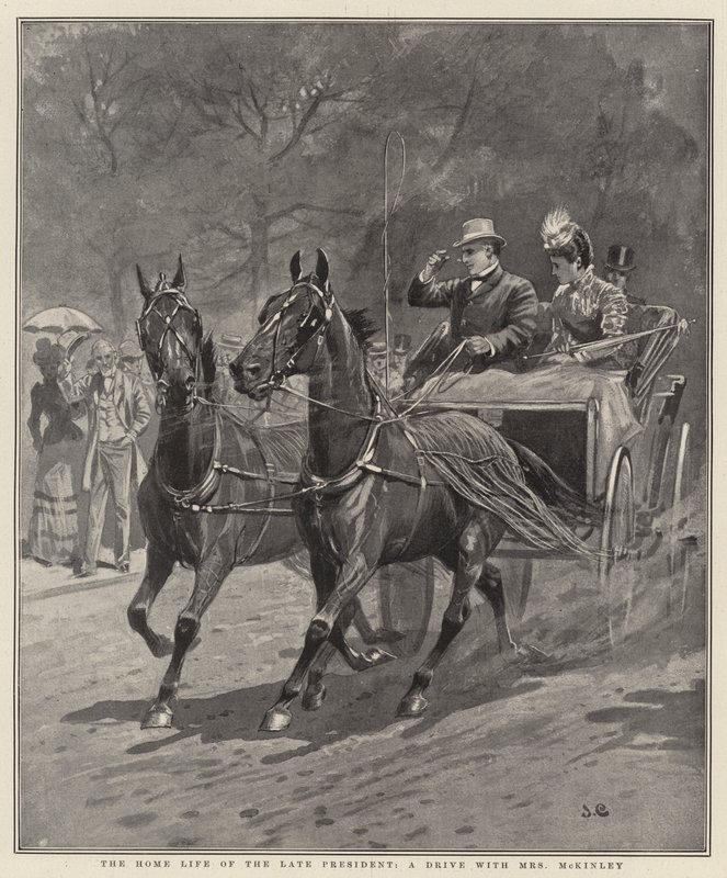 Das häusliche Leben des verstorbenen Präsidenten, eine Fahrt mit Mrs. McKinley (Lithografie) von English School
