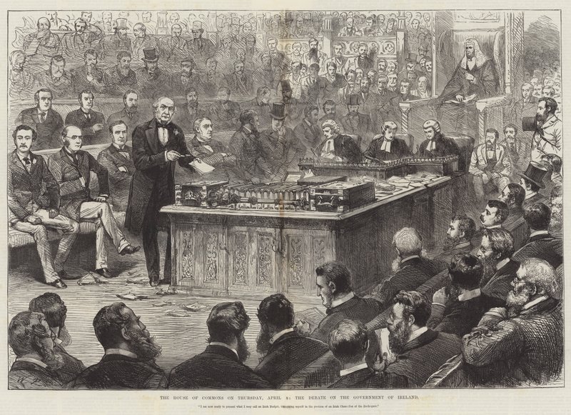 Das Unterhaus am Donnerstag, 8. April, die Debatte über die Regierung Irlands (Gravur) von English School