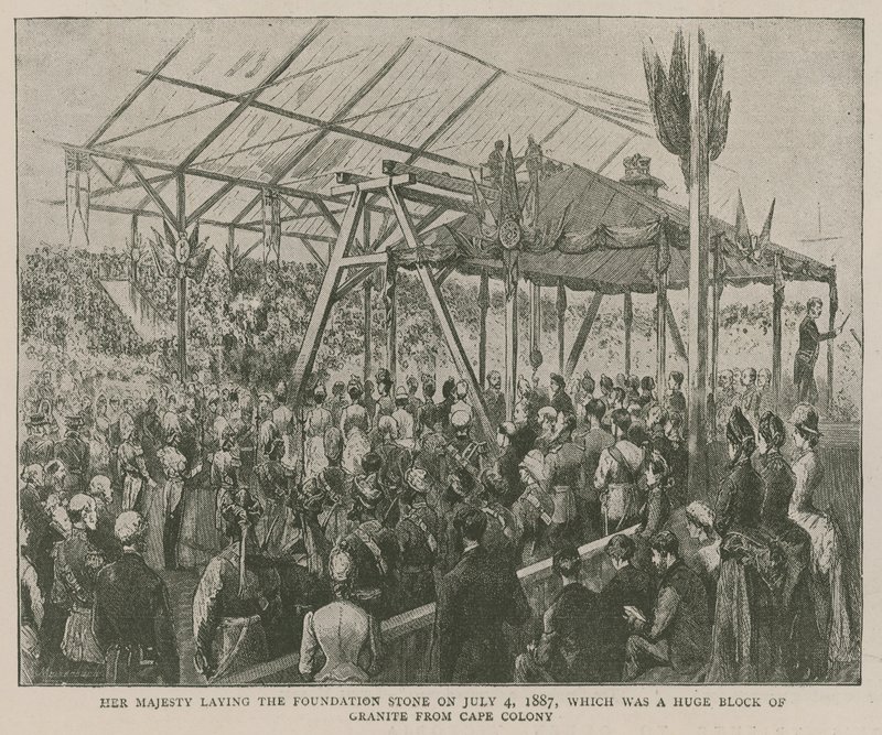 Das Imperial Institute: Ihre Majestät legt am 4. Juli 1887 den Grundstein, ein riesiger Granitblock aus der Kapkolonie von English School