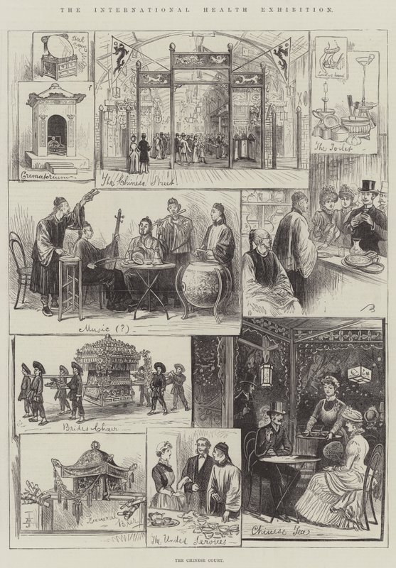 Die Internationale Gesundheitsausstellung, der chinesische Hof (Gravur) von English School