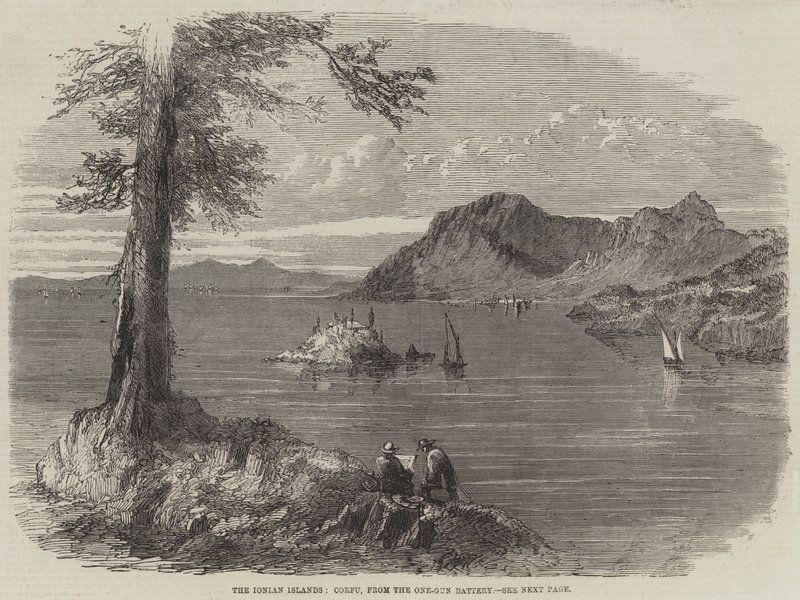 Die Ionischen Inseln, Korfu, von der Ein-Geschütz-Batterie (Gravur) von English School