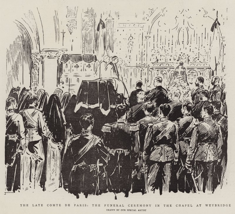 Der verstorbene Comte de Paris, die Beerdigungszeremonie in der Kapelle in Weybridge (Lithografie) von English School