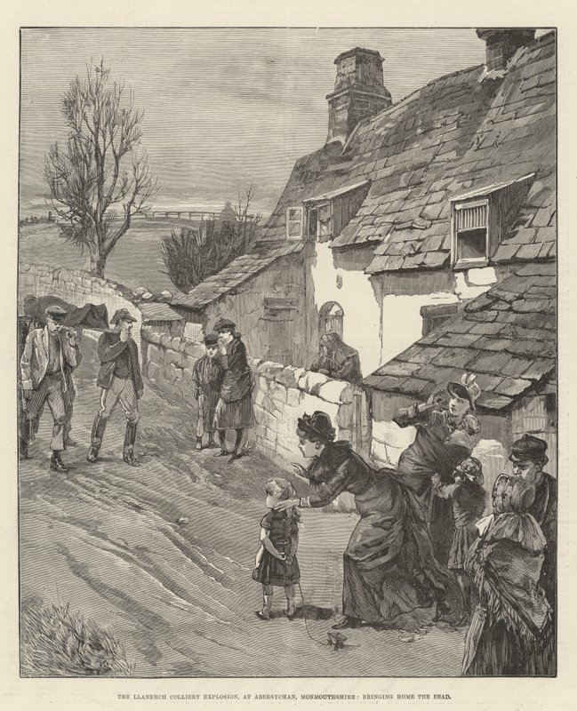 Die Explosion im Llanerch-Kohlenbergwerk in Abersychan, Monmouthshire, Heimbringen der Toten (Gravur) von English School
