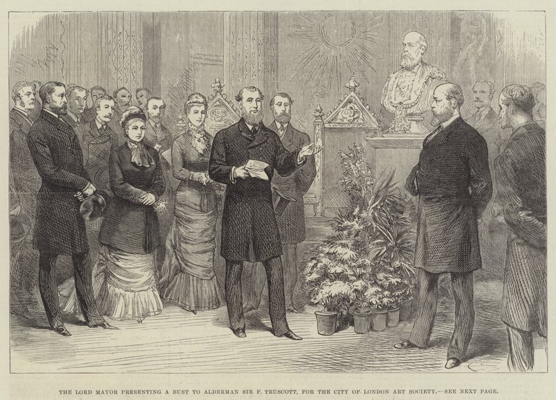Der Lord Mayor überreicht eine Büste an Alderman Sir F. Truscott für die City of London Art Society (Gravur) von English School