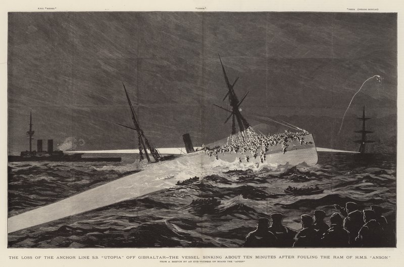 Der Verlust der Ankerlinie SS "Utopia" vor Gibraltar, das Schiff sinkt etwa zehn Minuten nach dem Zusammenstoß mit dem Rammbock der HMS "Anson" (Stich) von English School