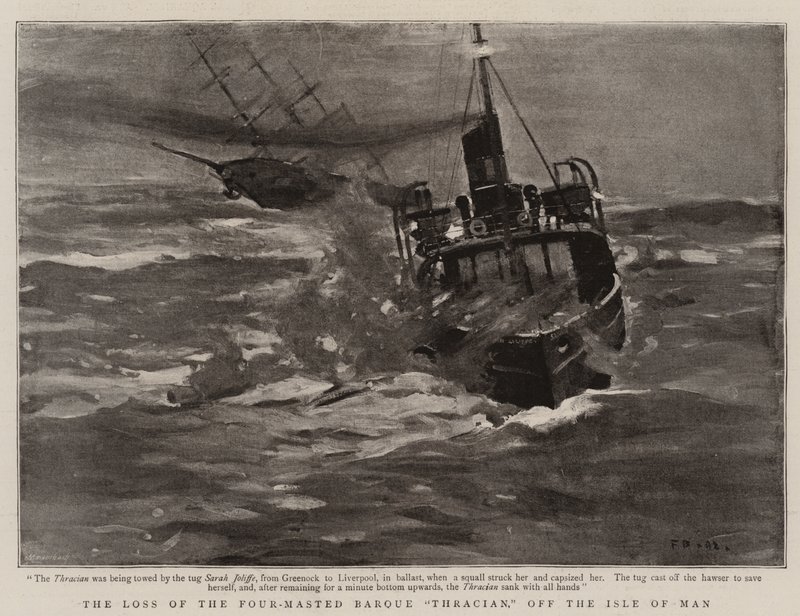Der Verlust der Viermastbark "Thracian" vor der Isle of Man (Lithografie) von English School
