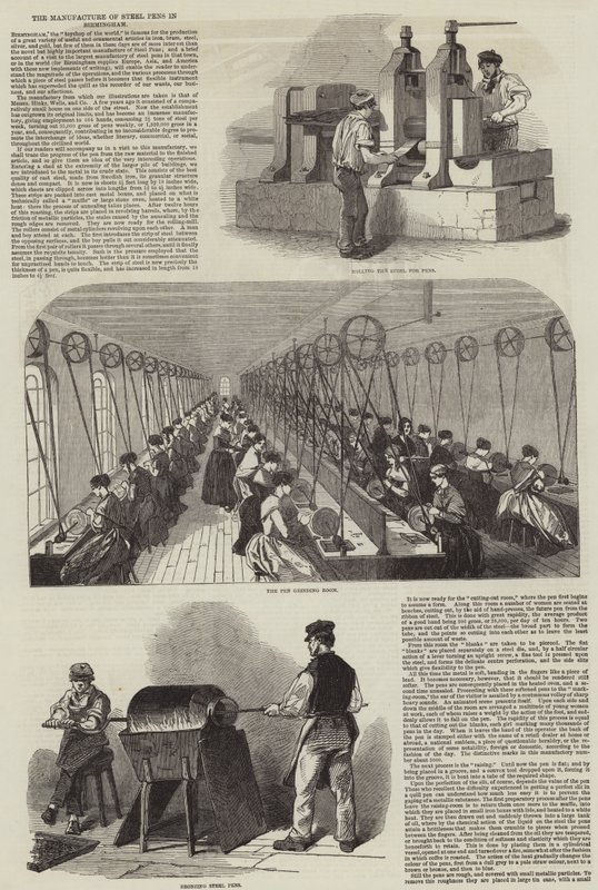 Die Herstellung von Stahlfedern in Birmingham (Stich) von English School