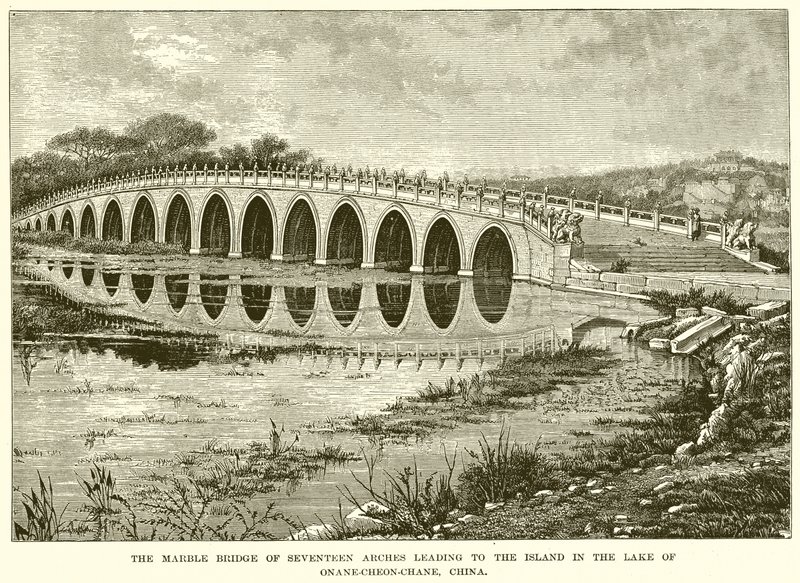 Die Marmorbrücke der siebzehn Bögen, die zur Insel im See von Onane-Cheon-Chane, China, führt (Gravur) von English School