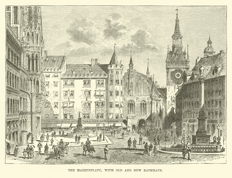 Der Marienplatz, mit altem und neuem Rathaus von English School