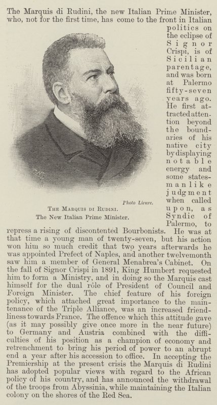 Der Marquis di Rudini, der neue italienische Premierminister (Stich) von English School