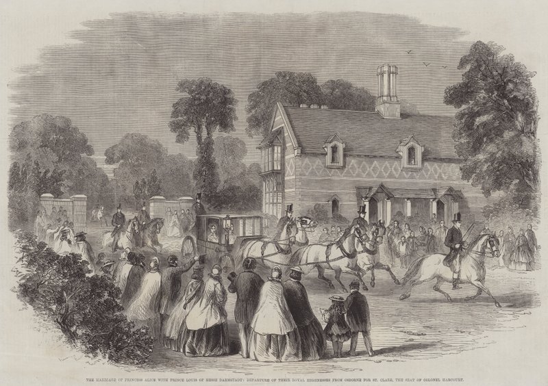 Die Hochzeit von Prinzessin Alice mit Prinz Ludwig von Hessen-Darmstadt, Abreise Ihrer Königlichen Hoheiten von Osborne nach St. Clare, dem Sitz von Colonel Harcourt von English School