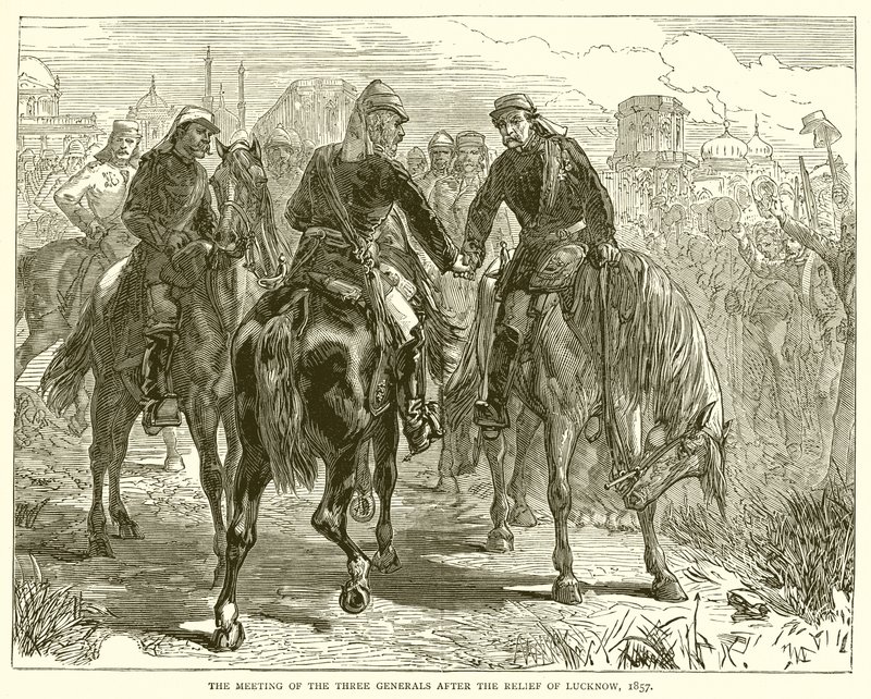 Das Treffen der drei Generäle nach der Befreiung von Lucknow, 1857 von English School