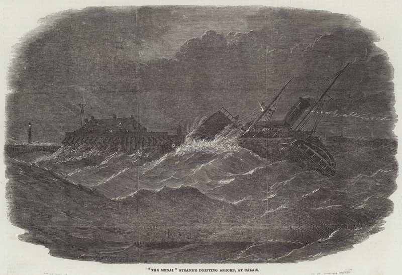 „The Menai“ Dampfer treibt an Land, in Calais (Gravur) von English School