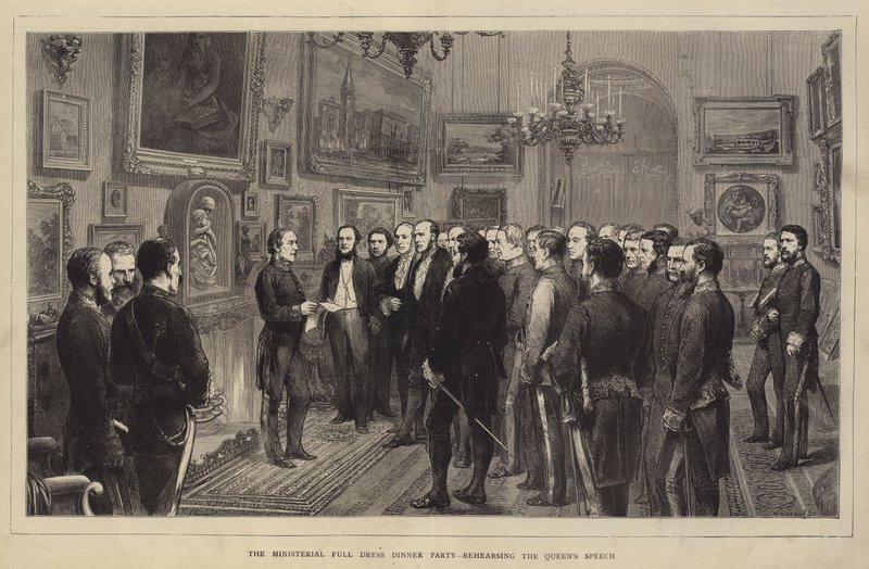 Das Ministerielle Galadinner, die Rede der Königin probend (Stich) von English School
