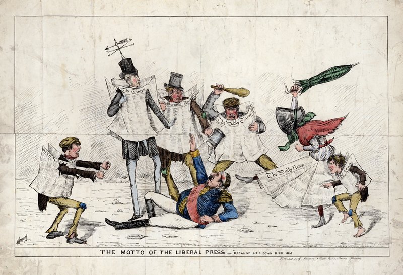 Das Motto der liberalen Presse, zeigt Napoleon III, der von der britischen Presse angegriffen wird von English School