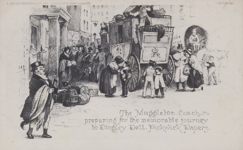 Der Muggleton Coach, Vorbereitung auf die denkwürdige Reise nach Dingley Dell, Pickwick Papers (s/w Foto) von English School